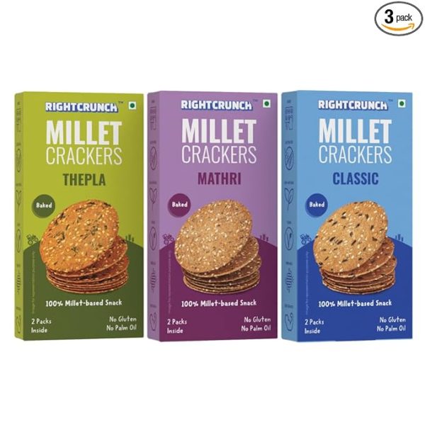 Millet Crackers Gluten Free & Baked with High Protein & Fibre.Classic, Mathri & Thepla healthy crackers.