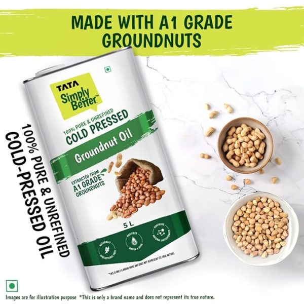 Pure and Unrefined Cold Pressed Groundnut (Peanut) Oil, Naturally Cholesterol Free, 5L