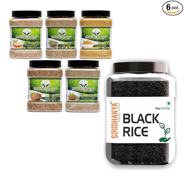 Unpolished and organic five positive millets combo pack (Kodo, Little, Brwont_top, Barnyard and Foxtail ) each millet 900gx5