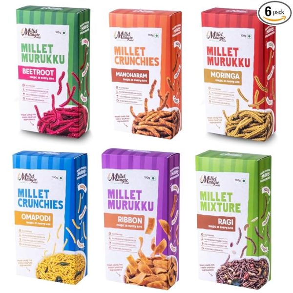 Millet Maagic Meal Sixer Chakli Combo Pack- 100g (Pack of 6) | Ribbon, Beetroot,Moringa
