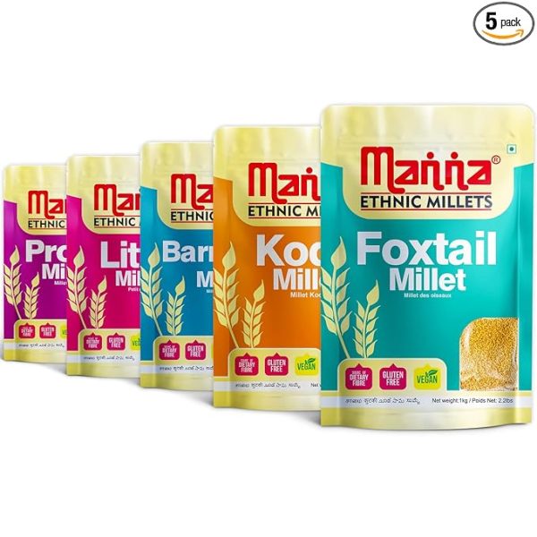 Manna Millets 5Kgs, Whole Grains, Combo pack of 5
