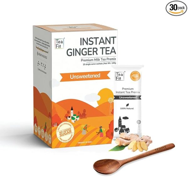 Premium NO SUGAR Instant Ginger Tea Premix | Pack of 30 Sachets (420gm) + Spoon | Real Milk & Ginger