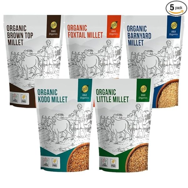 Organics Traditional Mixed Millet Combo of 5 (Little, Kodo, Foxtail, Barnyard & Browntop Millet) - Each 500 grams