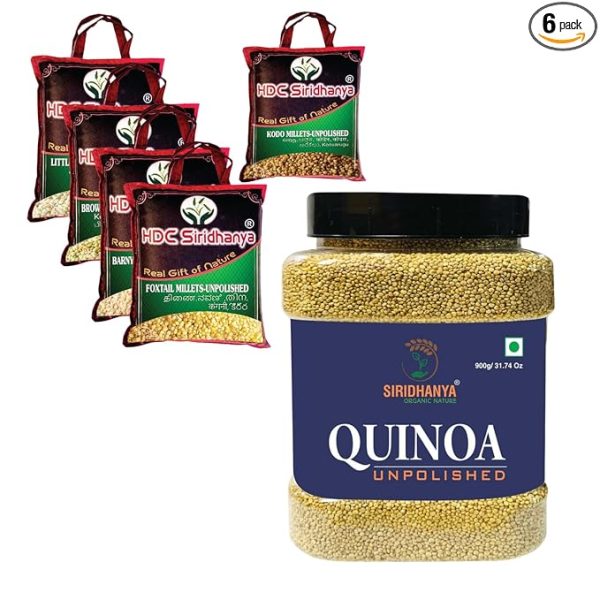 Unpolished and organic five positive millets combo pack each millet 920gx5 vacuum packed and Quinoa 900g pack of 1