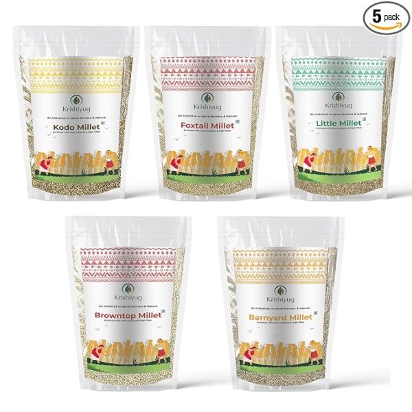 Krishiyug Unpolished 5 Millets Combo Pack of Little Millet, Kodo, Foxtail, Barnyard and Browntop Millet