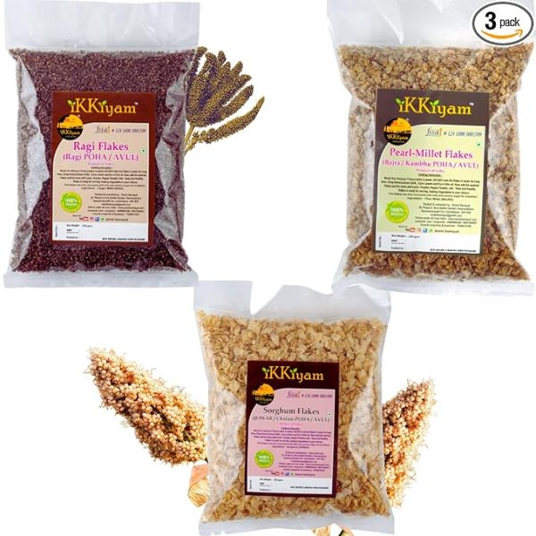 Combo of Bajra, Jowar & Ragi flakes (Pack 3, 250g Each) Organic finger millet Ragi flakes