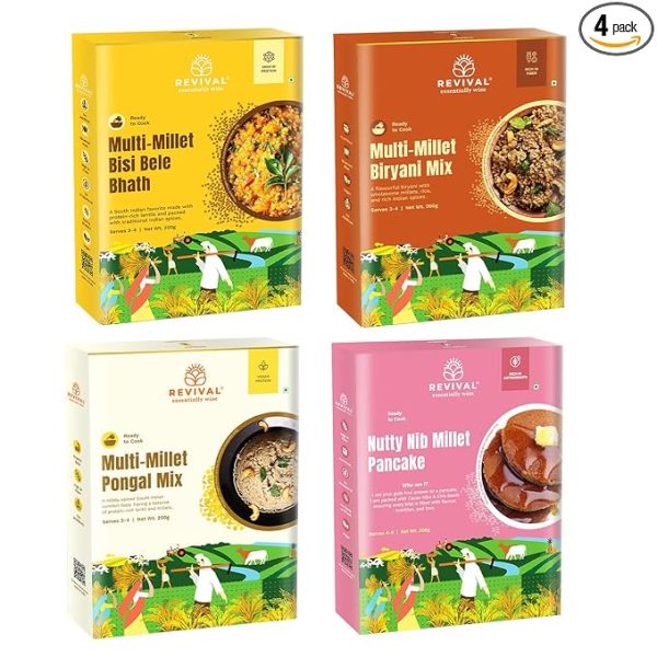 Millet Combo Pack – Instant Biryani, Pongal, Bisi Bele Bath & Pancake Mix (800g) | High-Protein, High-Fiber
