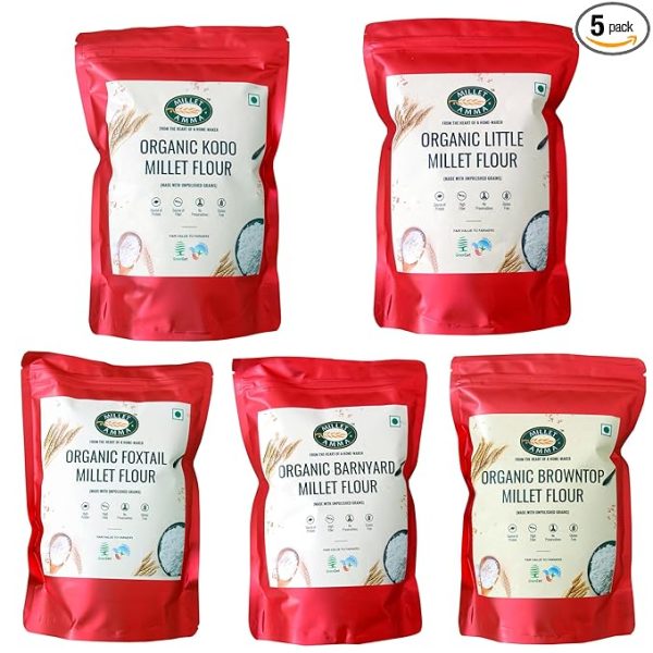 Millet Amma Certified Organic Siridhanya Flour Combo, Kodo, Foxtail, Browntop, Little, Barnyard Millets, 2.5Kg Pack, 5 Pieces