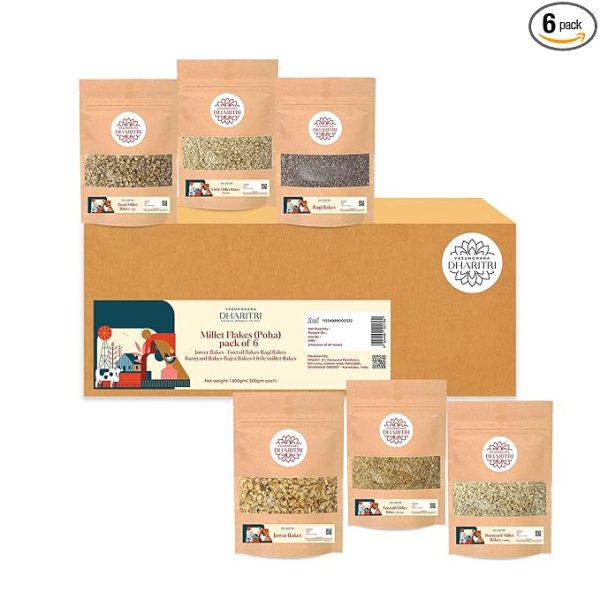 Dharitri Healthy Breakfast Millet Flakes Combo Pack of 6 x 300g Each, Jowar, Foxtail, Ragi, Barnyard, Bajra & Little Millet Flakes