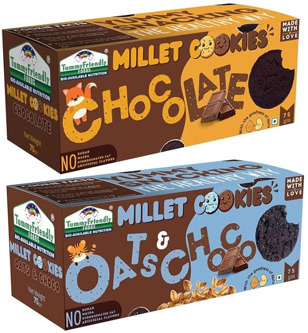 TummyFriendly Foods Coconut Millet Cookies for Kids Adults. Millet Biscuits, Ragi and Jaggery. 75 grams (ChocoOatsChoco-2x75)
