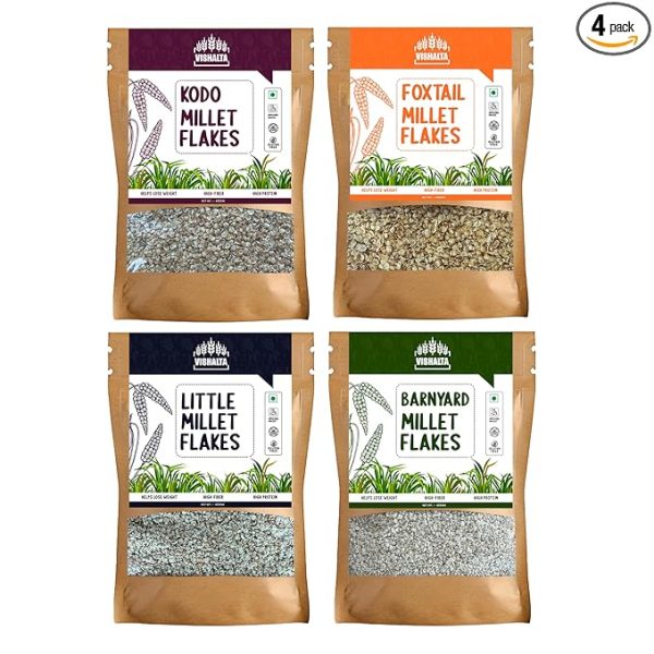 Foxtail | Kodo | Little Millet flakes Natural Grains | High Fibre Food | Healthy Breakfast Cereal Poha/Millet Flakes4 x 400 gm Pack